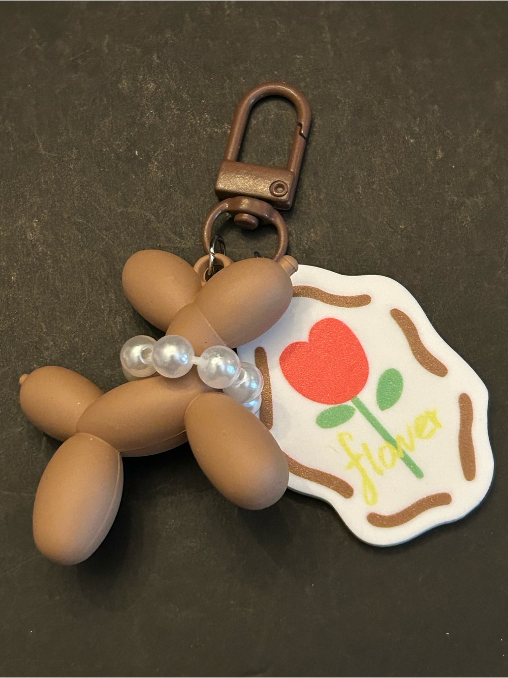 Mint Beige or Brown Balloon Dog Keychain Zipper Pull with Flower Tag NWT - Picture 4 of 8